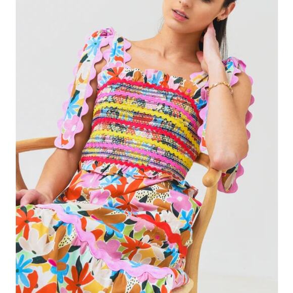 Celia B Nilsa Dress Floral Tiered Midi Medium NWT Scalloped Details Tie Straps - Picture 3 of 14